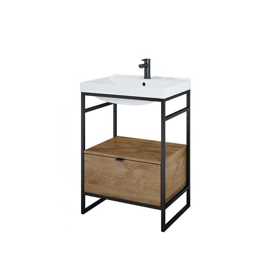 Arezzo Design NEBO alsószekrény 60 cm-es, 1 fiókkal, canela tölgy, matt fekete + 60 cm MAXXI mosdó AR-KPL168431
